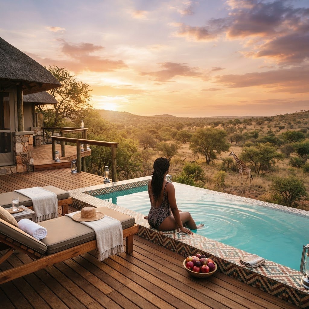 A woman relaxing at the edge of a bushveld lodge pool at sunset as a giraffe walks by